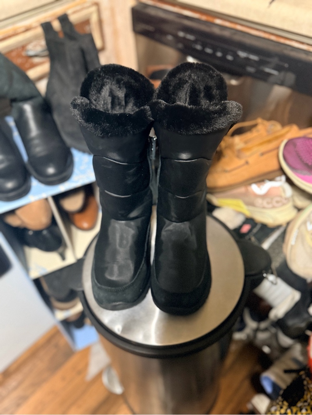 La Canadienne Women’s 8 Black Leather Suede Fur Cuff Winter Boots Made Canada